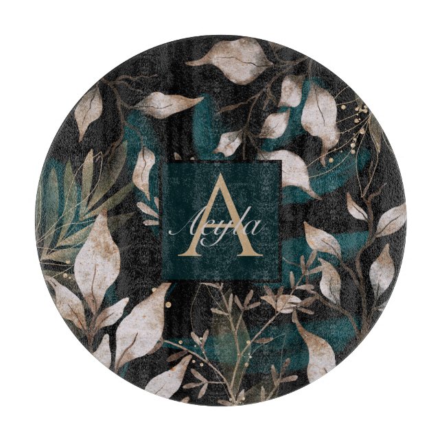 Dark Modern Boho Botanical Blätter Monogram Schneidebrett (Vorderseite)
