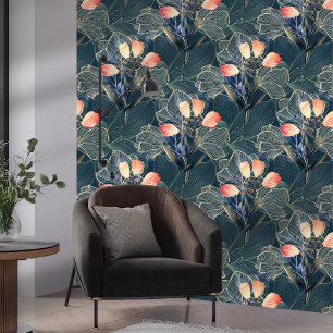 Dark Modern Elegante Boho Floral Blue Tapete