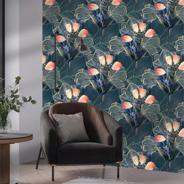 Dark Modern Elegante Boho Floral Blue Tapete (Von Creator hochgeladen)
