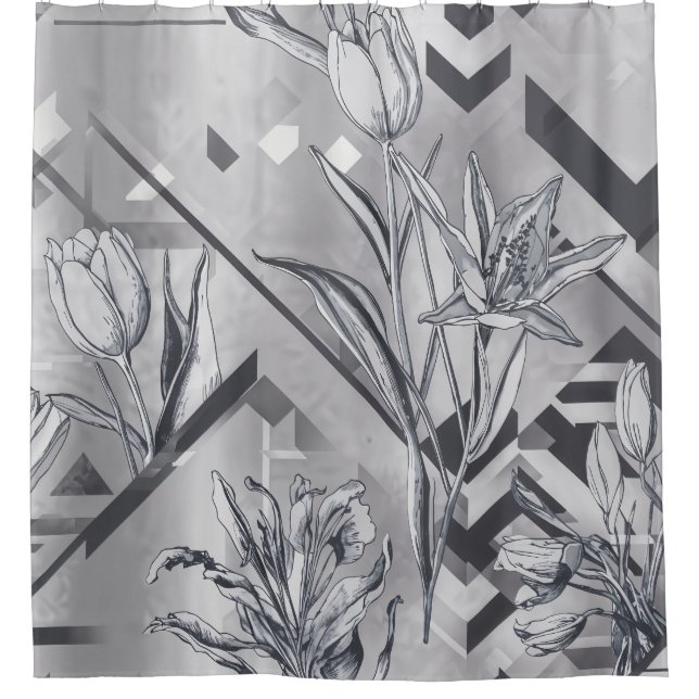 Dark Modern Geometric Tulip Line Art Pattern (2) Duschvorhang (Vorderseite)