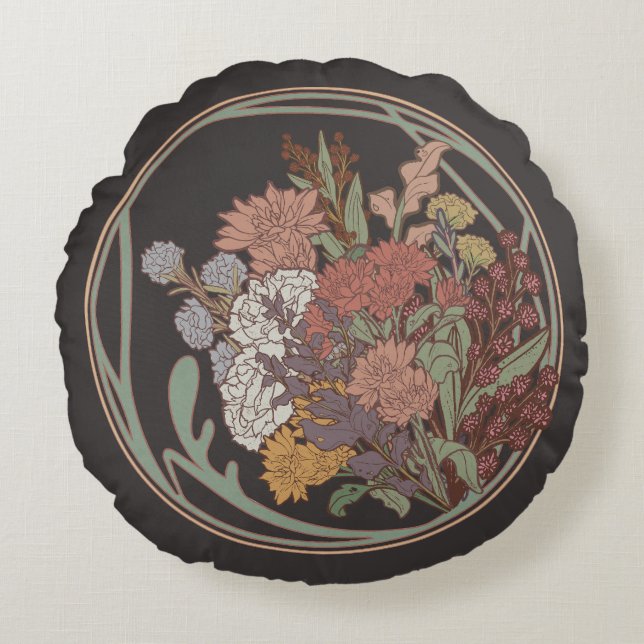 Dark & Moody Art Nouveau Floral Bouquet Rundes Kissen (Vorderseite)