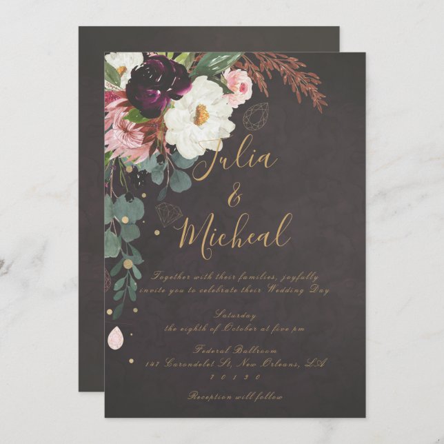 Dark Moody Autumn Floral Wedding Einladung (Vorne/Hinten)