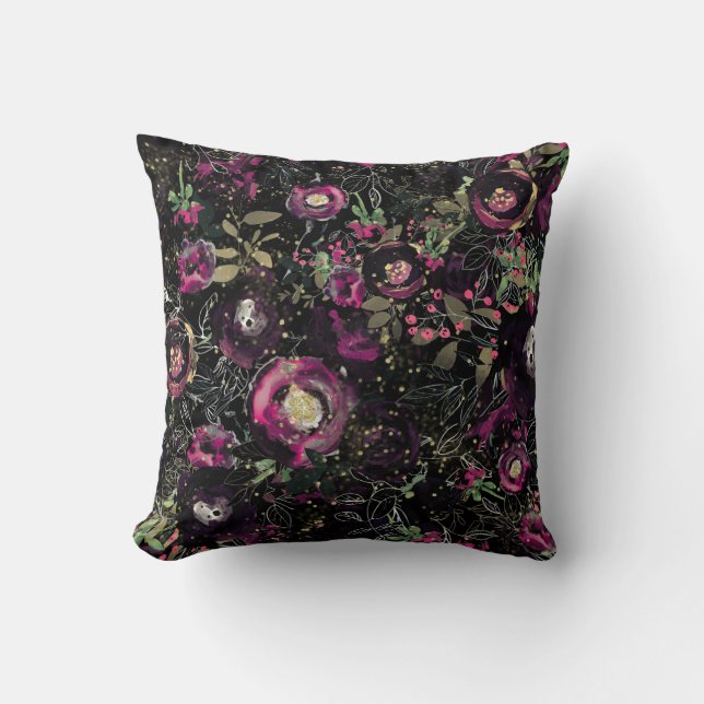 Dark Moody Berry Plum Sparkle Floral Modern Kissen (Vorderseite)
