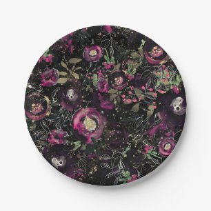 Dark Moody Berry Plum Sparkle Floral Modern Pappteller