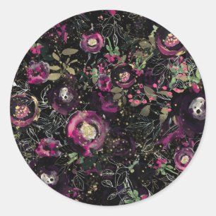 Dark Moody Berry Plum Sparkle Floral Modern Runder Aufkleber