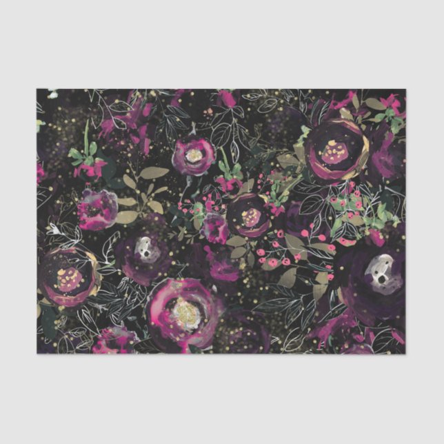 Dark Moody Berry Plum Sparkle Floral Modern Seidenpapier (Vorderseite)