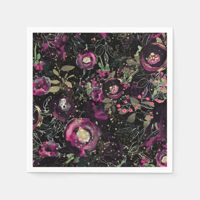 Dark Moody Berry Plum Sparkle Floral Modern Serviette (Vorderseite)