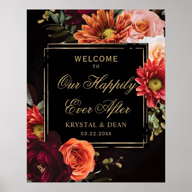 Dark Moody Black Burgundy Orange Floral Wedding Poster (Vorne)