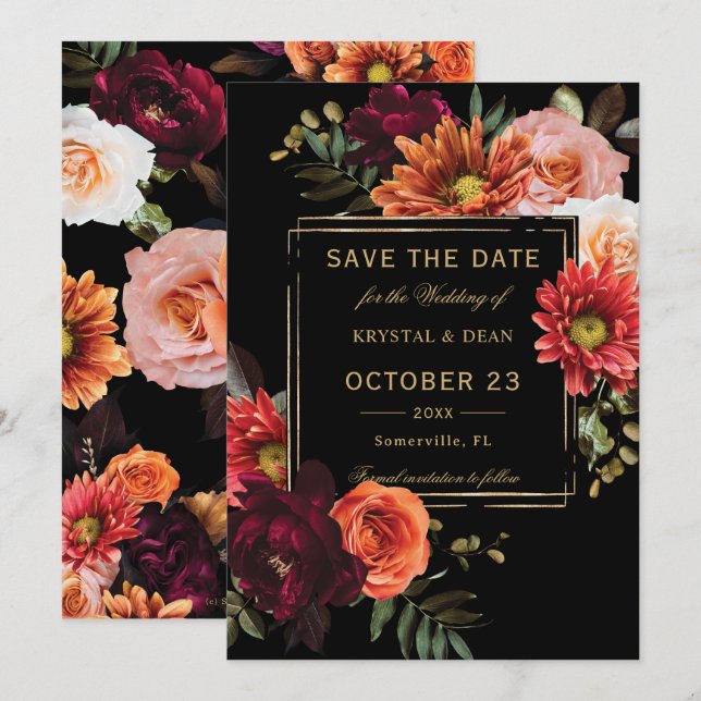 Dark Moody Black Burgundy Orange Floral Wedding Save The Date (Vorne/Hinten)