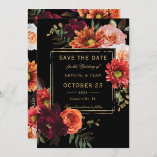 Dark Moody Black Burgundy Orange Floral Wedding Save The Date