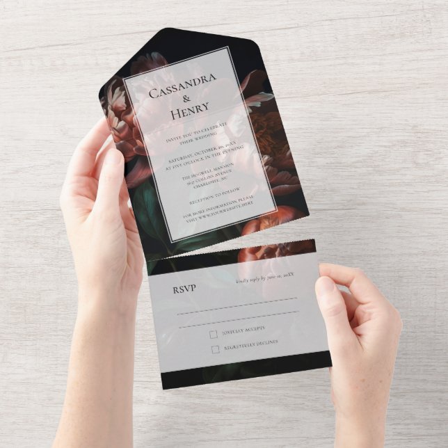 Dark Moody Black Gothic Florals Wedding All In One Einladung (Abreißen)