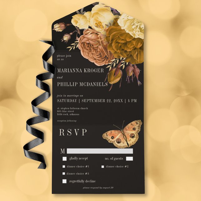 Dark Moody Black Herbst Floral Dinner All In One Einladung (Dark Moody Black Autumn Floral Dinner All In One Invitation)