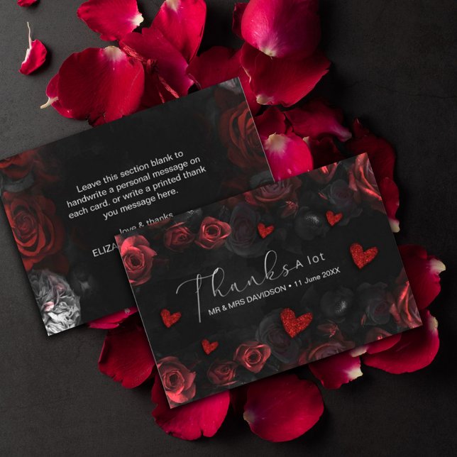 Dark Moody Black Red Florals Danke Karte (Dark Moody Black Red Florals thank you card #darkmoody #roses #zazzlemade #redandblack #message)