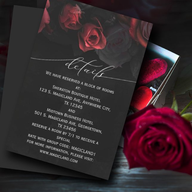 Dark Moody Black Red Florals Enclosure Card Einladung (Dark red roses #darkstyle #roses #weddings #handlettered #modernscript #unique)
