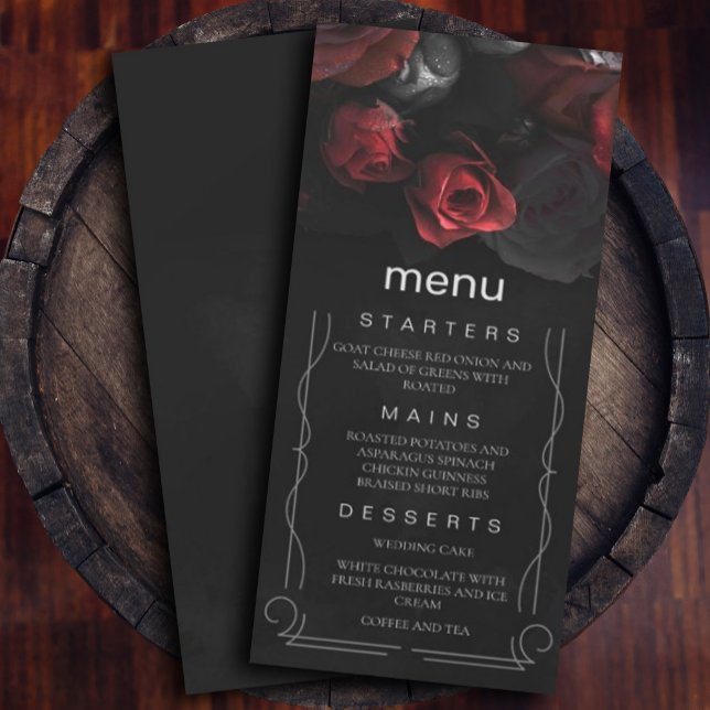 Dark Moody Black Red Florals Menü Einladung ( burgundy red roses with dark style for added unique decor. #menu #redandblackwedding #dark)