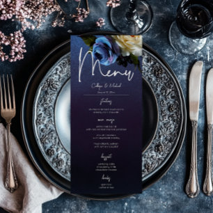 Dark Moody Blue Lavender Floral Moderne Hochzeit Menükarte