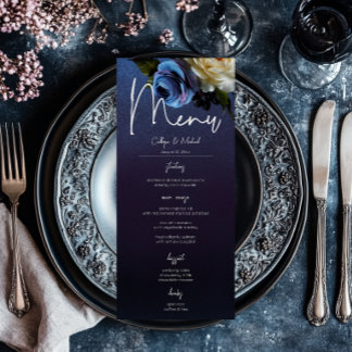 Dark Moody Blue Lavender Floral Moderne Hochzeit Menükarte