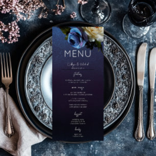 Dark Moody Blue Lavender Floral Moderne Hochzeit Menükarte