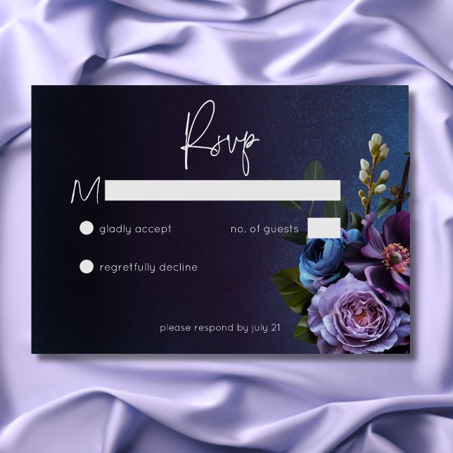 Dark Moody Blue Lavender Floral Moderne Hochzeit RSVP Karte (Dark Moody Blue Lavender Floral Modern Wedding RSVP Card)