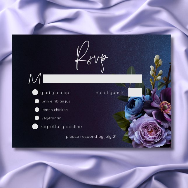 Dark Moody Blue Lavender Floral Moderne Hochzeit RSVP Karte (Dark Moody Blue Lavender Floral Modern Wedding RSVP Card)