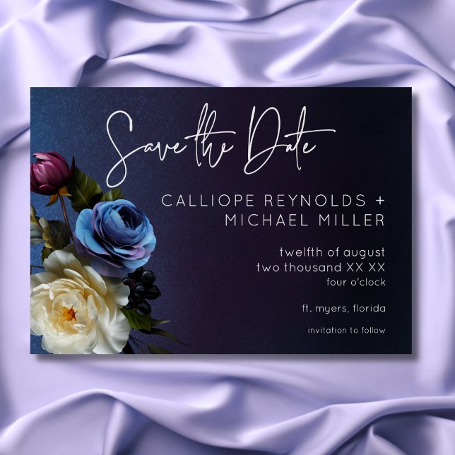 Dark Moody Blue Lavender Floral Moderne Hochzeit Save The Date (Dark Moody Blue Lavender Floral Modern Wedding Save The Date)