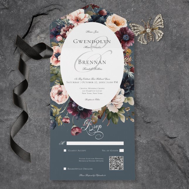 Dark Moody Blue Oval Floral Frame QR Code All In One Einladung (Dark Moody Blue Oval Floral Frame QR Code All In One Invitation)