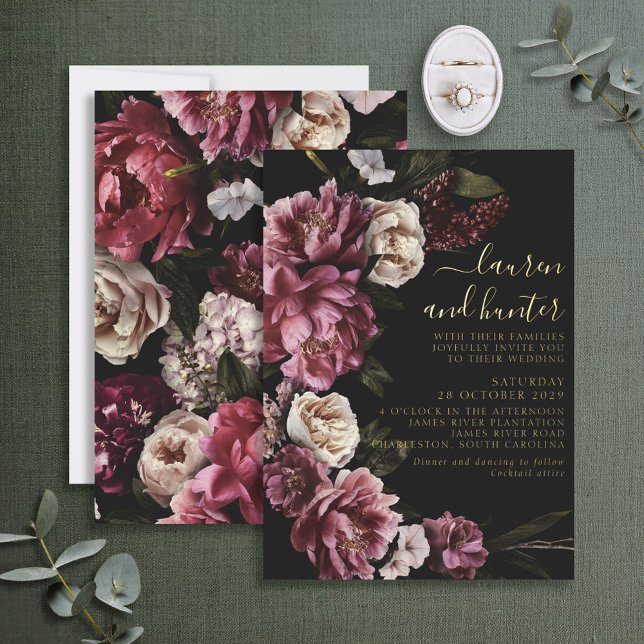 Dark Moody Blush Burgundy Floral Wedding Gold Folieneinladung (Von Creator hochgeladen)