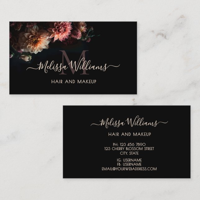 Dark Moody Blush Flowers Monogram Black Visitenkarte (Vorne/Hinten)
