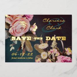 Dark Moody Bold Floral Gold Save the Date Folieneinladung