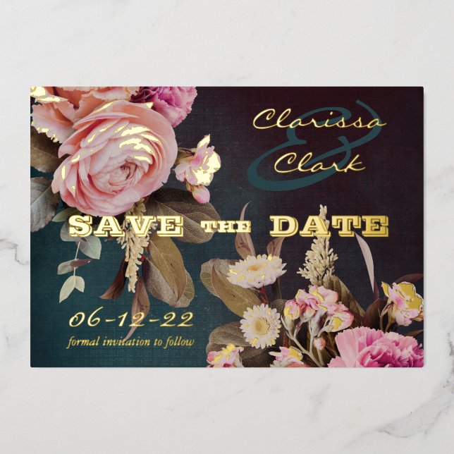 Dark Moody Bold Floral Gold Save the Date Folieneinladung (Vorderseite)