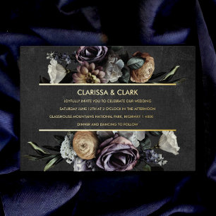 Dark Moody Bold Floral Gold Wedding Foil Einladung