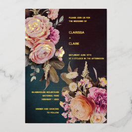 Dark Moody Bold Floral Gold Wedding Folieneinladung