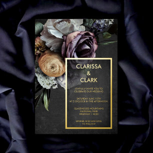 Dark Moody Bold Floral Gold Wedding Folieneinladung