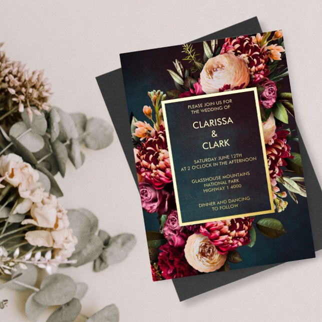 Dark Moody Bold Floral Marsala Wedding Foil Invit Folieneinladung (Von Creator hochgeladen)