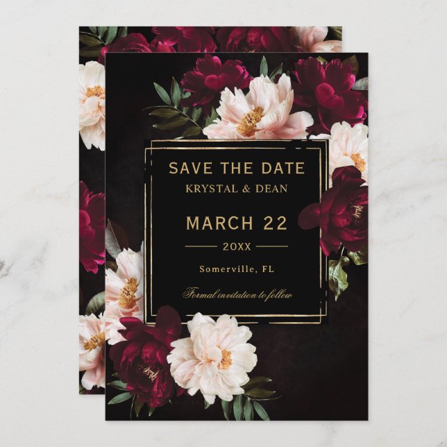 Dark Moody Burgundy Blush Black Floral Wedding Save The Date (Vorne/Hinten)