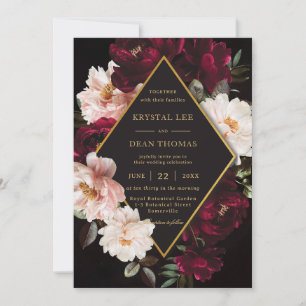 Dark Moody Burgundy Blush Bloral Peonies Wedding Einladung