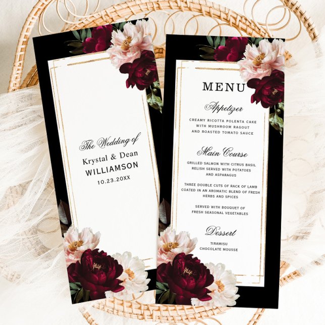 Dark Moody Burgundy Blush Floral Gold Wedding Menükarte (Von Creator hochgeladen)
