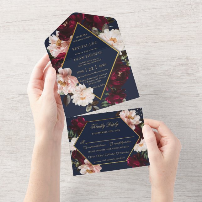 Dark Moody Burgundy Blush Navy Blue Floral Wedding All In One Einladung (Abreißen)