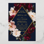 Dark Moody Burgundy Blush Navy Blue Floral Wedding Folieneinladung<br><div class="desc">Personalize this elegant wedding real foil invitation easily and quickly. Simply click the Edit Using Design Tools button to edit the text, change fonts and fonts colors. Featuring beautiful realistic burgundy, blush peonies and navy blue anemone flowers against a dark moody navy blue background. Matching items available in store. (c)...</div>