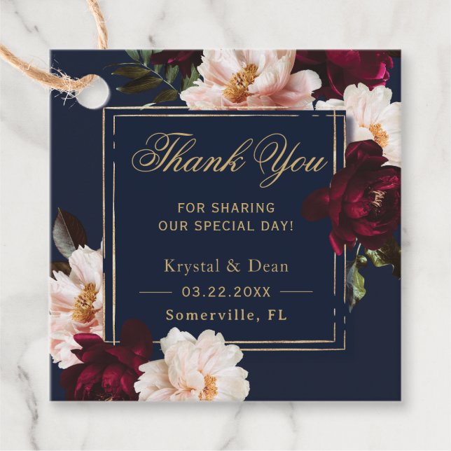 Dark Moody Burgundy Blush Navy Blue Floral Wedding Geschenkanhänger (Vorderseite)