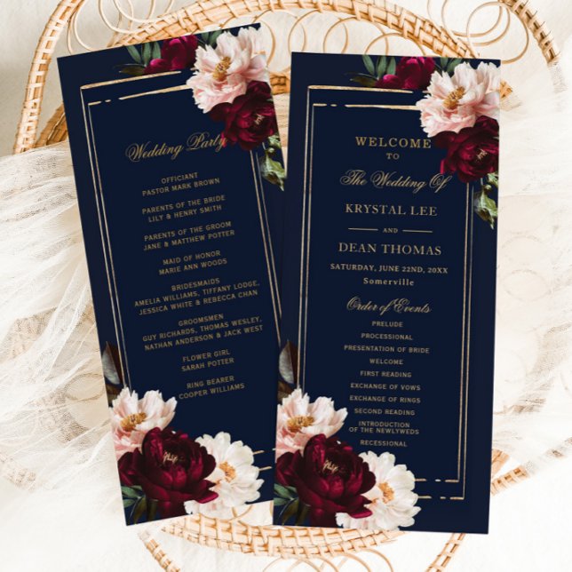 Dark Moody Burgundy Blush Navy Blue Floral Wedding Programm (Von Creator hochgeladen)