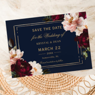 Dark Moody Burgundy Blush Navy Blue Floral Wedding Save The Date