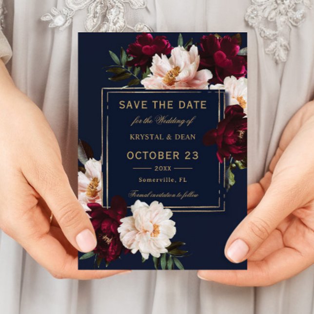 Dark Moody Burgundy Blush Navy Blue Floral Wedding Save The Date (Von Creator hochgeladen)