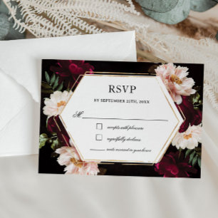 Dark Moody Burgundy Blush Peonies Floral Wedding RSVP Karte