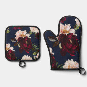 Dark Moody Burgundy Blush Peony Floral Navy Blue Ofenhandschuh & Topflappen-Set