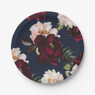 Dark Moody Burgundy Blush Peony Floral Navy Blue Pappteller