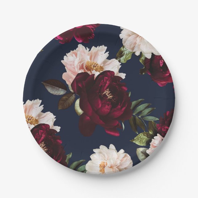 Dark Moody Burgundy Blush Peony Floral Navy Blue Pappteller (Vorderseite)