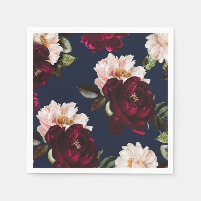 Dark Moody Burgundy Blush Peony Floral Navy Blue Serviette (Vorderseite)