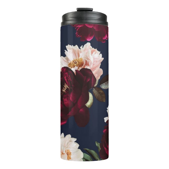 Dark Moody Burgundy Blush Peony Floral Navy Blue Thermosbecher (Vorderseite)