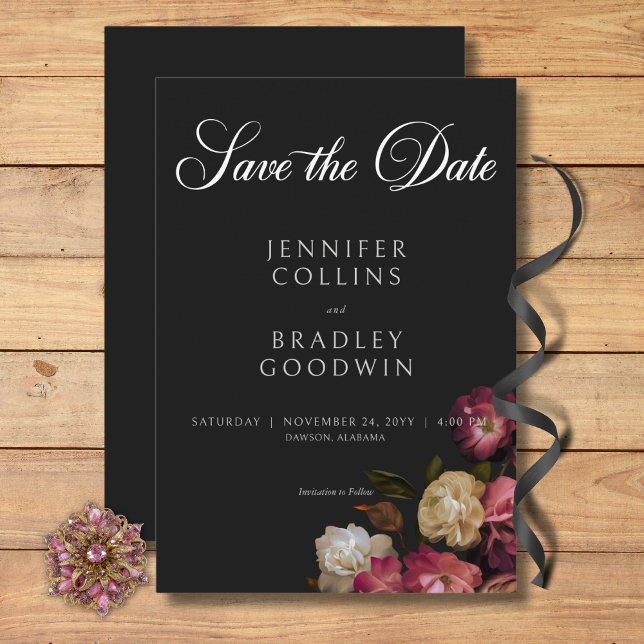 Dark Moody Burgundy & Cream Peonies Black Wedding Save The Date (Dark Moody Burgundy & Cream Peonies Black Save the Date)
